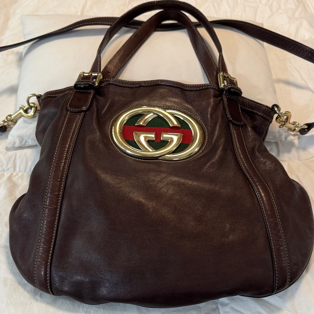 Gucci Dark Brown Web Britt Leather Shoulder Bag with Gold and Red Details